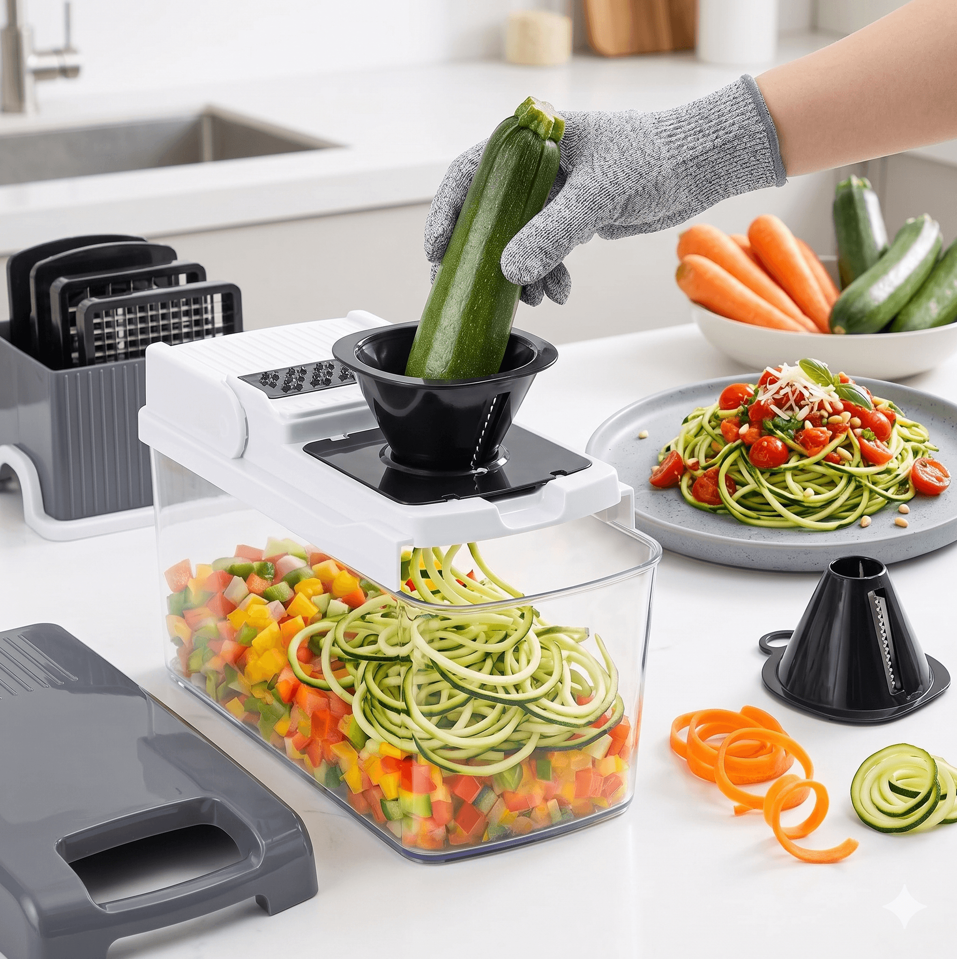 Zucchini spiralized into veggie noodles with the Ecolya chopper