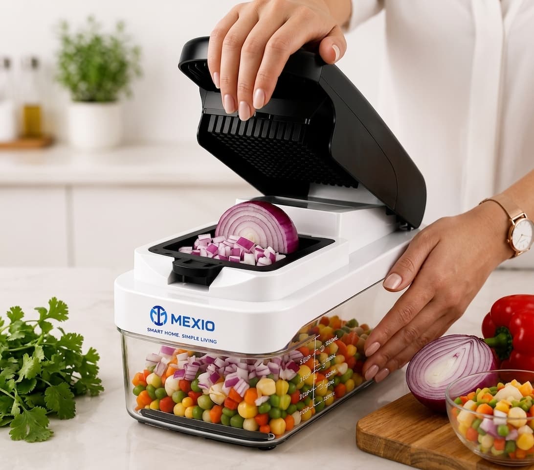 Person safely using the Ecolya vegetable chopper