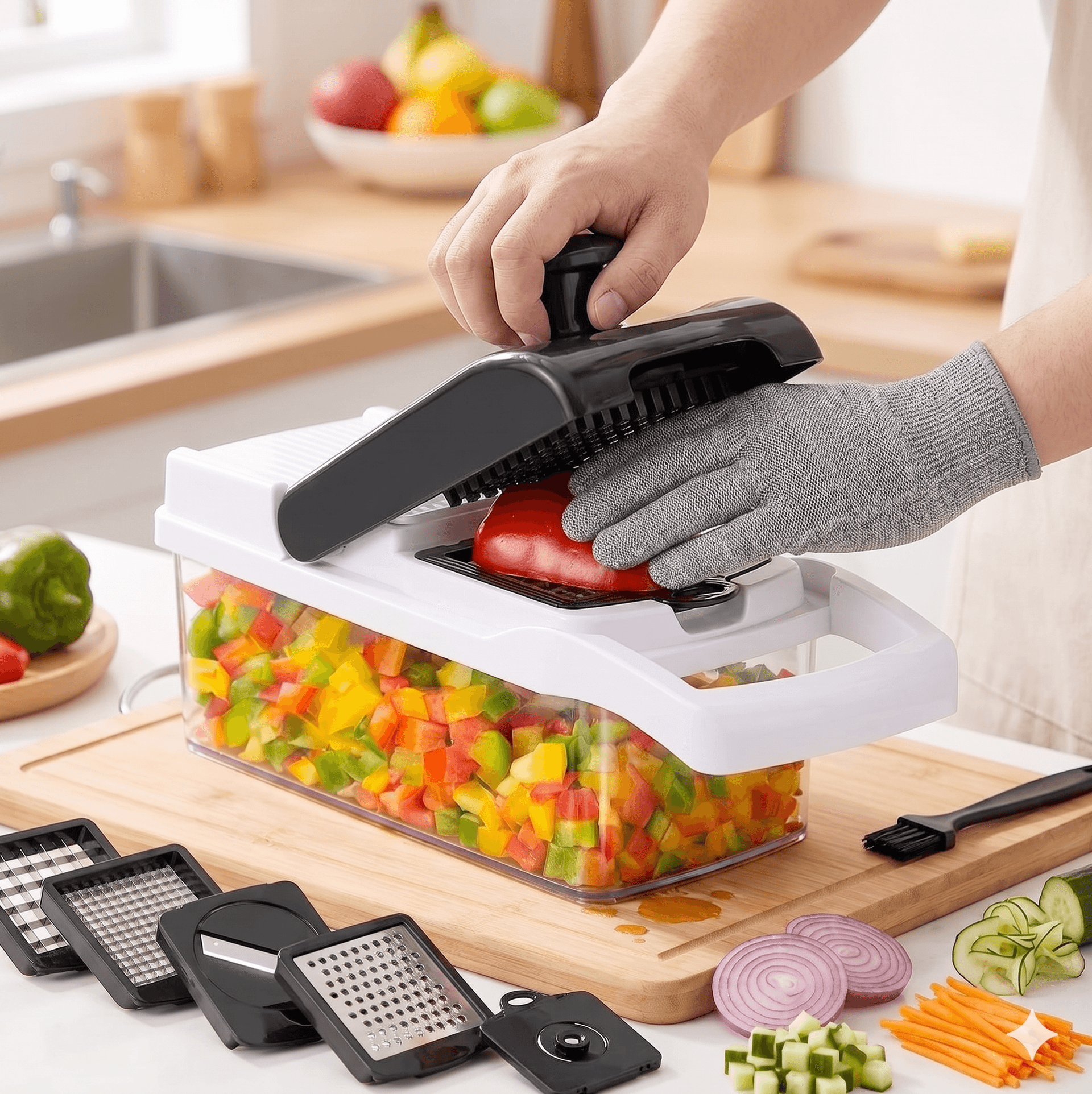 Person safely using the Ecolya vegetable chopper